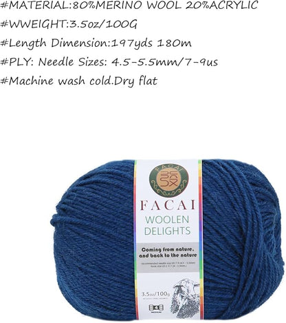 Facai Blend Merino Wool Yarn for Knitting - Worsted Weight,197yds (3.5oz) Ball, Ideal for Sweaters, Scarves, and Accessories (3, Blue)