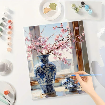 Cherry Blossom Vase Paint by Numbers Kit for Adults - DIY Blue Porcelain with Pink Flowers Painting on Canvas, Acrylic Paint Set for Beginners, Art for Home Decoration or Gifts(8X12IN Framed) - Image 3