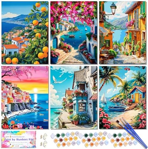 6 Pack DIY Paint by Number Kit for Adults - Mediterranean Coastal Scenery Oil Painting Set, 12x16 Inch Canvas (No Frame), 18 Vivid Acrylic Paints - Stress Relief Art Craft for Home Decor & Gifts by TINYFUN-PremiumDiamondPaintingKits