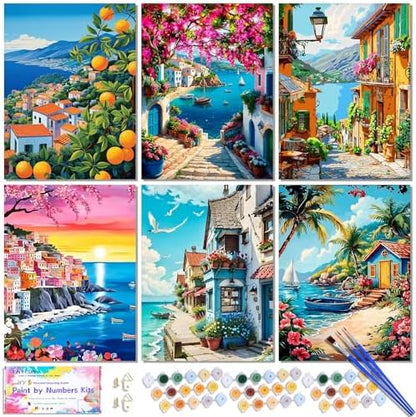 6 Pack DIY Paint by Number Kit for Adults - Mediterranean Coastal Scenery Oil Painting Set, 12x16 Inch Canvas (No Frame), 18 Vivid Acrylic Paints - Stress Relief Art Craft for Home Decor & Gifts by TINYFUN-PremiumDiamondPaintingKits