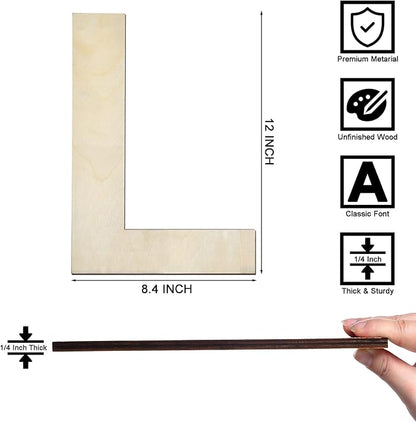 12 Inch Wooden Letter L, 1/4 Inch Thick Large Unfinished Wood Letter for Home Wall Decor, DIY Crafts