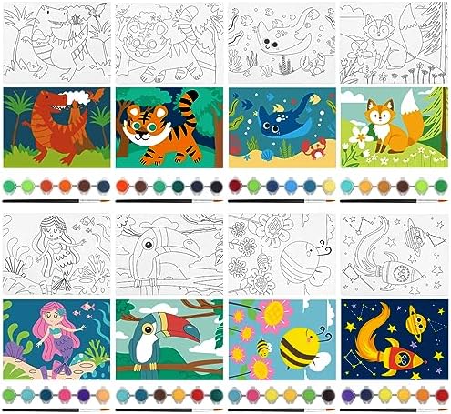 goldentime 8 Packs Predrawn Canvas for Painting Kids Painting Canvas for Kids Painting Kits for Kids 4-8, 48 Paints, 8 Brushes 2 Easels, 8 6x8 Printed Canvas to Paint for Girls Boys and Beginners - Image 3