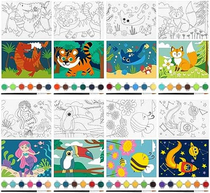 goldentime 8 Packs Predrawn Canvas for Painting Kids Painting Canvas for Kids Painting Kits for Kids 4-8, 48 Paints, 8 Brushes 2 Easels, 8 6x8 Printed Canvas to Paint for Girls Boys and Beginners - Image 3