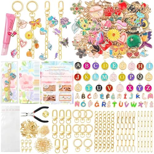 Ecoofor 400Pcs Charms Lip Gloss Keychain Making Kit, DIY Craft Supplies with Charms, Key Hooks, Jump Rings, Lobster Clasps, Chains & Tools, Jewelry Kit for Custom Keychains, DIY Handmade Gift by Ecoofor