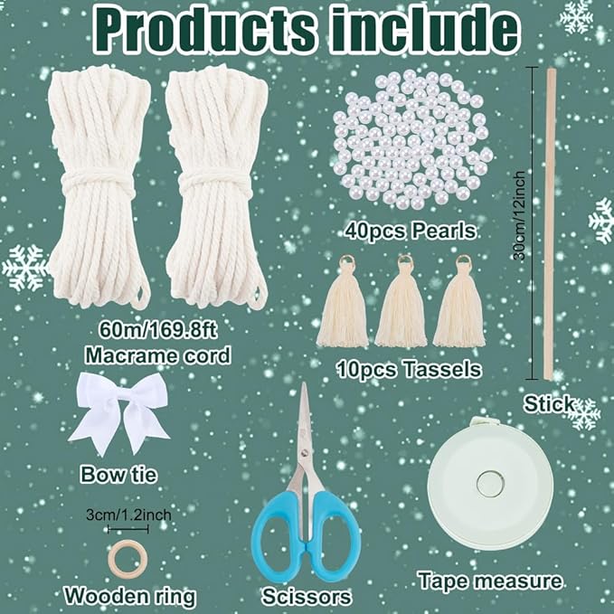 FREEBLOSS Macrame DIY Kit Christmas Tree Macrame Tassels Wall Hanging Christmas Tree Hanging Ornaments White Wall Tassels Tapestry with Wooden Star for Handmade Craft Beginners
