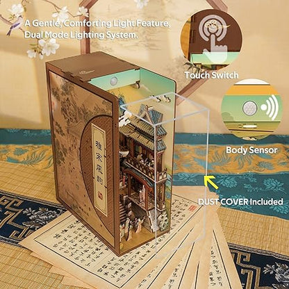 Tonecheer DIY Book Nook Kit for Adults, Wooden 3D Puzzle Bookend Bookshelf Insert Decor, Chinese Booknook Miniature House Kit with Dust Cover and Body Motion Sensor LED (Song Dynasty Culture) - Image 6