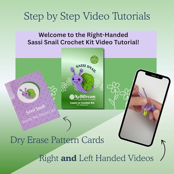 KelliDream Magic Circle Tool Inclusive Learn to Crochet Kit for Beginners+/Intermediates; Step-by-Step Video Tutorials; All Supplies to Make Cute Amigurumi (Snail)
