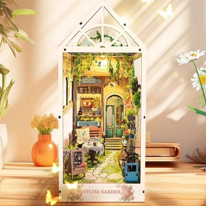 Book Nook Kits for Adults, 3D Wooden Dollhouse Kit with LED Lights, DIY Miniature House kit for Bookshelf Decor, and Crafts (Sylvia Garden) - Image 3