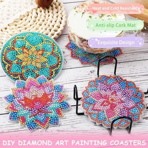 UPINS 8Pcs Lotus Diamond Art Painting Coasters Kits with Holder, Diamond Art Non Slip Coaster Kits DIY with Holder Crafts for Adults Diamond Art Painting Kits Supplies for Holiday Gift - Image 5