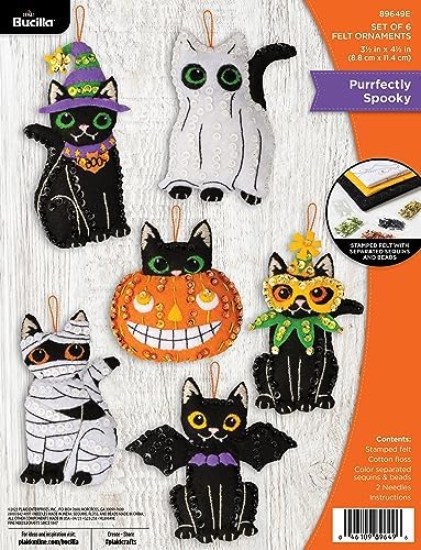 Bucilla Felt Applique 6 Piece Ornament Making Kit, Purrfectly Spooky, Perfect for Halloween Arts and Crafts, 89649E by Bucilla