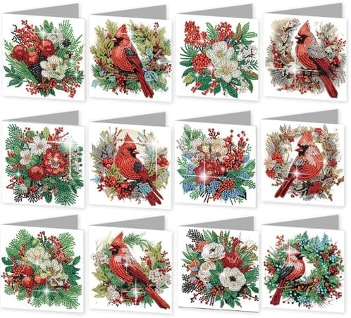 jinglinhh 12pcs Diamond Art Painting Christmas Cardinal Greeting Cards with Envelopes, DIY Card Making Kits for Adults, Diamond Art Christmas Cards for Birthday Holiday Postcards Craft Gifts by Unknown