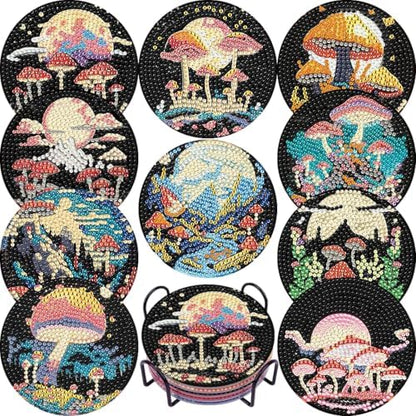 EWJRNSF 10 PCS Diamond Art Coasters Kit, Small Diamond Painting Coasters, Fall Diamond Art Kits for Adults Beginners, Arts and Crafts Supplies Item Sets with Holder Mushroom by EWJRNSFDiamondPainting