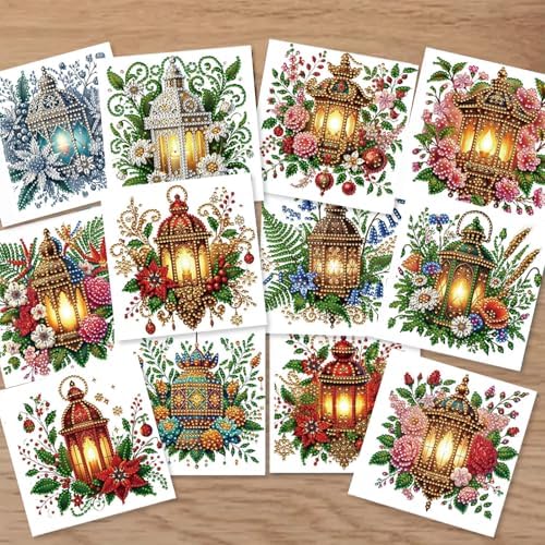 jinglinhh 12pcs Christmas Poinsettia Night Light Diamond Art Painting Greeting Cards with Envelopes, DIY Card Making Kits for Adults, Diamond Art Christmas Cards for Holiday Postcards Craft Gifts - Image 4