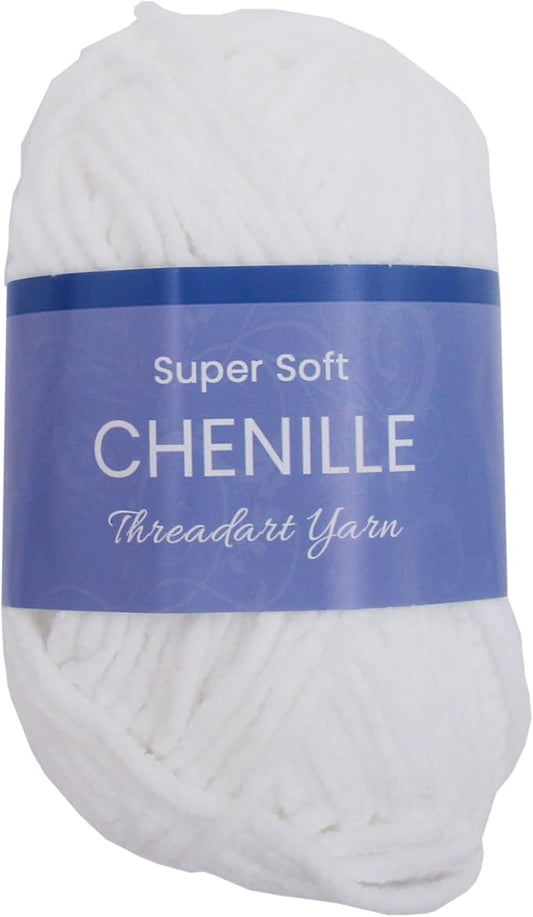 ThreadArt Chenille Yarn for Crocheting, Knitting, Amigurumi, Super Soft Plush Velvet Yarn - 50 Gram 60 yds #5 Fluffy Yarn Skeins - White 01