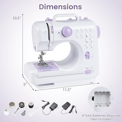 COSTWAY Sewing Machine for Beginner, Portable Mini Electric Sewing Machine with 12 Built-in Stitches, Accessory Kit, LED Light, 2 Speeds & Foot Pedal, Storage Drawer, Ideal for Home DIY Projects
