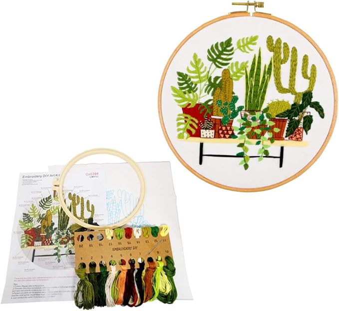 SUQUUB 3 Sets Embroidery Starter Kit with Pattern and Instructions,Cross Stitch Beginner Kits with Frame,3 Plastic Embroidery Hoops,3 Embroidery Clothes and Color Threads (3 X Plant Pattern)