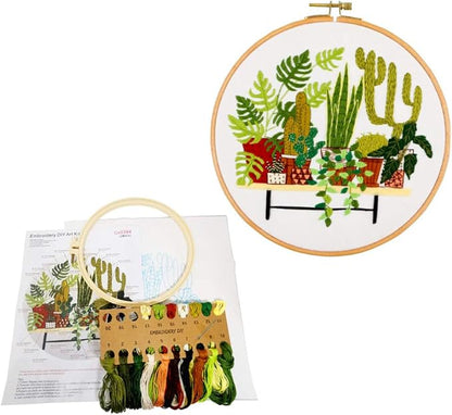 SUQUUB 3 Sets Embroidery Starter Kit with Pattern and Instructions,Cross Stitch Beginner Kits with Frame,3 Plastic Embroidery Hoops,3 Embroidery Clothes and Color Threads (3 X Plant Pattern)