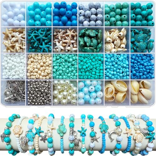 1960Pcs Ocean Beads for Bracelets Making Kit, Blue and White Summer Beach Bead for Jewelry Making, Sea Turtle Seashell Starfish Shape Beads 8mm Round Seed Bead for DIY Craft Bracelets Earring by JJzxwish