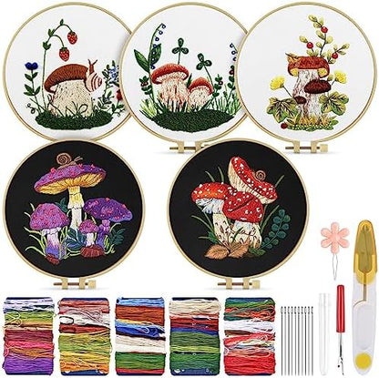 Embroidery Kit for Adult, 5 Sets Mushroom Embroidery Kit for Beginners by TINDTOP