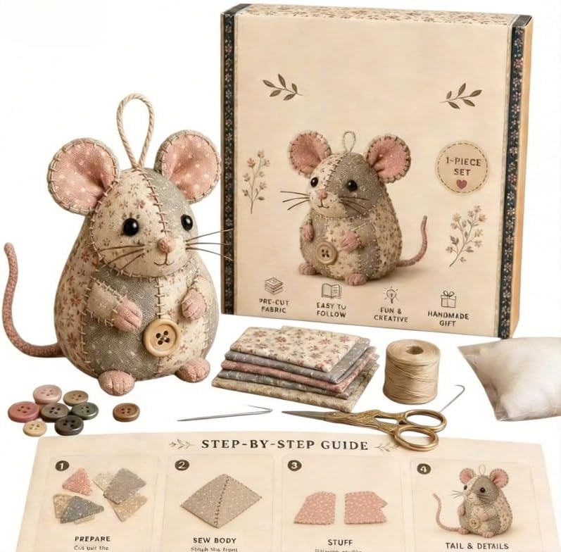 Vintage Patchwork Mouse DIY Sewing Kit for Adult Beginners, All-in-One Floral Fabric Craft Set with Pre-Cut Fabric, Supplies & Step Guide, Cute Mouse Ornament for Desk Home Decor, Perfect Craft Gift - Image 3