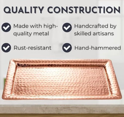 Monarch Abode Decorative Tray – 16-Inch Hand Hammered Copper Plated Metal Bathroom Tray Countertop, Vanity Trays Organizer, Perfume Plate for Dresser, Kitchen Countertop Large Fruit Platter