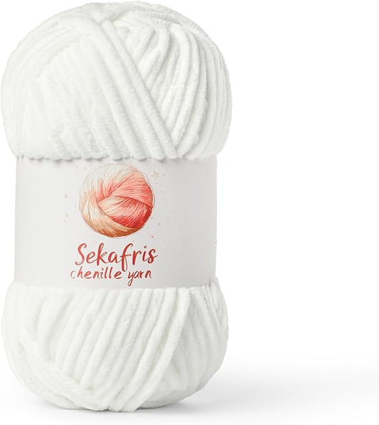White Chunky Chenille Yarn for Crocheting, Bulky Velvet Yarns for Crochet, Baby Yarn for Crocheting Soft Blanket, 131yds /3.53 oz Fluffy Amigurumi Crochet Yarn
