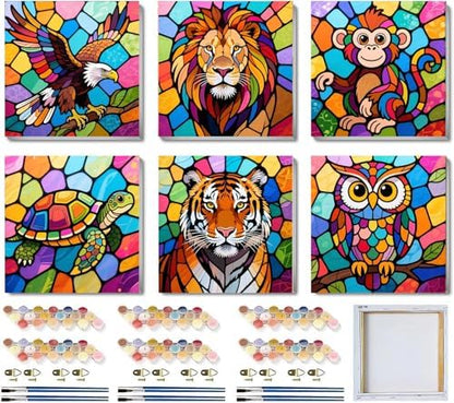 SYDYLH 6 Pack Paint by Numbers Kit for Kids Ages 4-12 / Adult/Teen, Easy DIY Animal Painting Kit with Frame, Beginner Acrylic Paint by Number Canvas 8x8 Inch for Boys Girls Arts Crafts Gift by Unknown