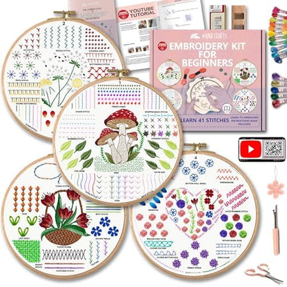 Moni Crafts Adult Beginner Embroidery Kit – 4 Pre-Printed Patterns (Flower, Mushroom, Floral, Heart) – Learn 41 Stitches, Hand Embroidery Starter Craft Set by MoniCrafts