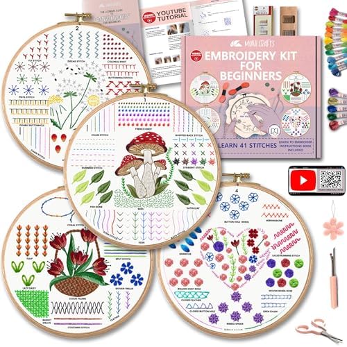 Moni Crafts Adult Beginner Embroidery Kit – 4 Pre-Printed Patterns (Flower, Mushroom, Floral, Heart) – Learn 41 Stitches, Hand Embroidery Starter Craft Set by MoniCrafts