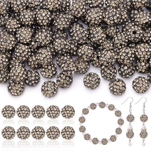 105pcs 10mm Rhinestone Beads for Jewelry Making, Gray Shiny Round Disco Ball Beads Bulk, Sparkle Crystal Clay Christmas for Bracelet Baseball Necklace Earring Crafting and DIY by TINKRSTUFF