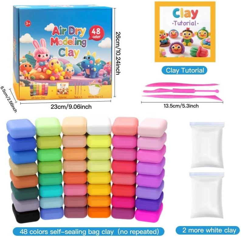 48 Colors Air Dry Modeling Clay with Bonus 2 White, Ultra Light Molding Clay Kit & Tools Gift Set for Kids Boys Girls, Soft Non-Sticky Magic Clay for Art Crafts - Image 2
