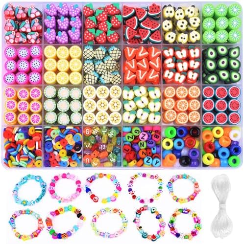 1000PCS Polymer Clay Beads Bracelet Making kit, 24 Style Cute Fun Beads Fruit Beads Charms for Jewelry Necklace Earring Making DIY Accessories for Women Girls by BBita