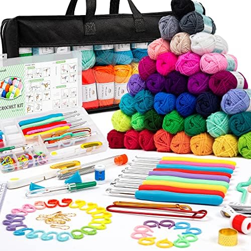 INSCRAFT 113 Piece Crochet Kit with Yarn Set– 1600 Yards Assorted Yarn for Knitting and Crochet, 73PCS Crochet Accessories Set Including Ergonomic Hooks, Knitting Needles & More Ideal Beginner Kit by INSCRAFT
