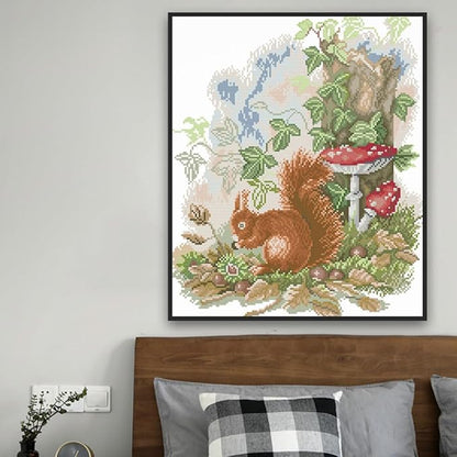 Qeerysew Cross Stitch Kits Stamped Full Range of Embroidery Starter Kits for Beginners DIY- Printed kit The Little Squirrel Foraging(Printed) 11CT17.3x20.1inches