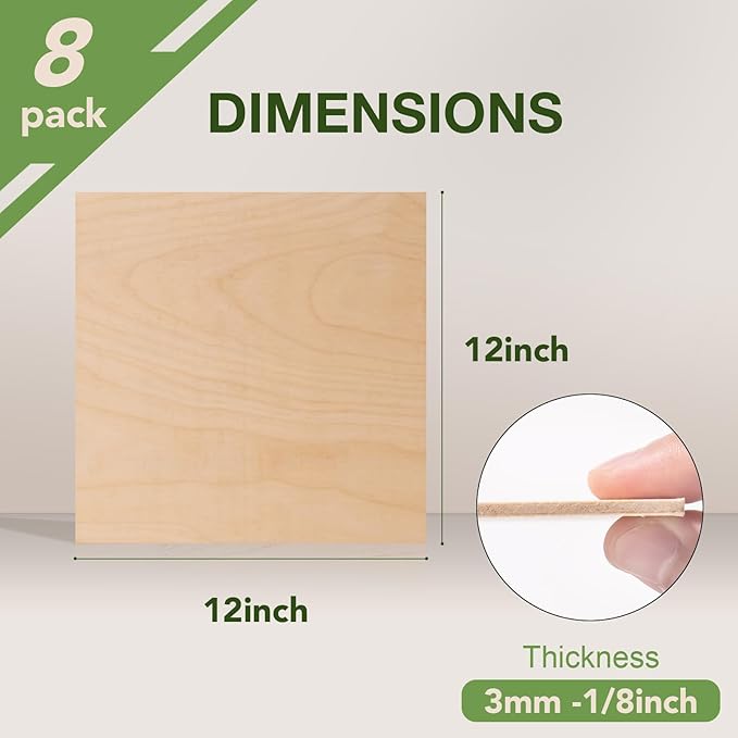 ROBOTIME 8-Pack 3mm Birch Plywood for Laser Cutting - 12 x 12 x 1/8 Inch - Laser Engraving Blanks
