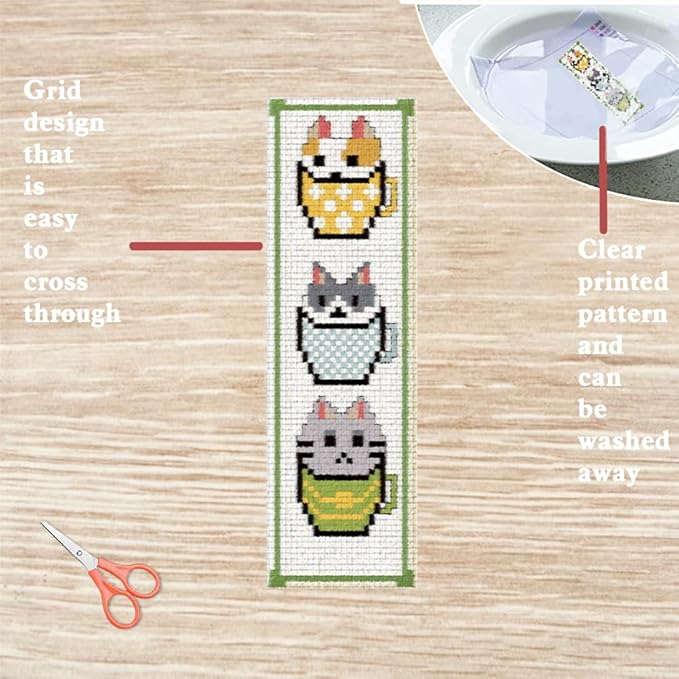 FREEBLOSS 6 Set Cross Stitch Bookmark Kit Counted Cross Stitch Kit Embroidery Bookmarks with Instruction Cartoon Cat Embroidery Kit for Beginners Adults 8''x2.4''