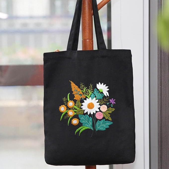 KABAKE Canvas Tote Bag Embroidery Kit, Embroidery Kits for Beginners, Arts and DIY Crafts Embroidery Starter kit, Include Stamped Embroidery Bag, Threads, Embroidery Tools (Black Bag with Floral)