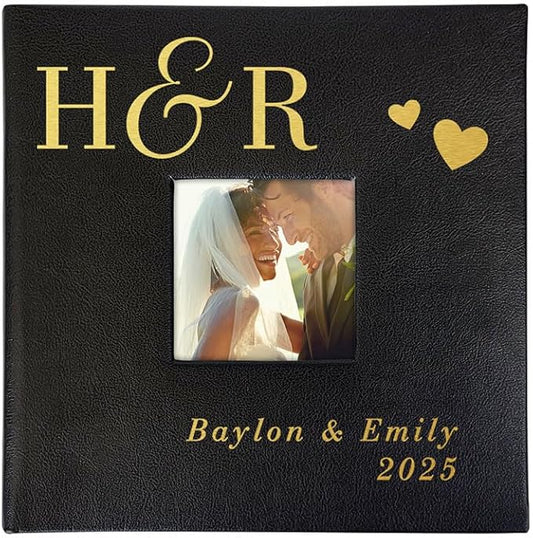 Personalized Wedding Photo Album, Holds 200 4" x 6" Photos, Engraved Couples Initials Leatherette Picture Album, Wedding Engagement Gift, Black Photo Album
