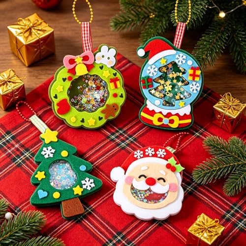 Oagminu 4Pcs Christmas DIY Felt Shaker Ornaments Kit, Xmas Tree Hanging Craft Decor Santa Snowman Wreath for Holiday Party Home Decoration（Christmas） - Image 3