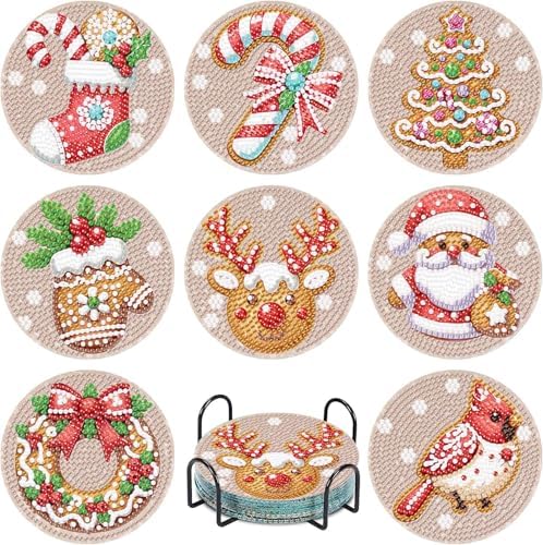 8 Pcs Diamond Art Coasters for Adults, 5D Diamond Painting Coasters Kit with Holder, Easy Christmas Diamond Painting for Beginners, DIY Gem Arts and Crafts Coasters Supplies for Home and Holiday Decor by Fotasmua