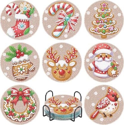 8 Pcs Diamond Art Coasters for Adults, 5D Diamond Painting Coasters Kit with Holder, Easy Christmas Diamond Painting for Beginners, DIY Gem Arts and Crafts Coasters Supplies for Home and Holiday Decor by Fotasmua