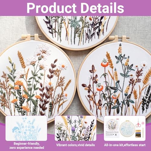 Hokoad 6 Pack Embroidery Kit for Beginners Flower Cross Stitch Kits for Adults Complete Embroidery Starter Kit with Hoop Floral Stamped Pattern Needles Threads Instructions, Gift for Hand Craft Lover - Image 3