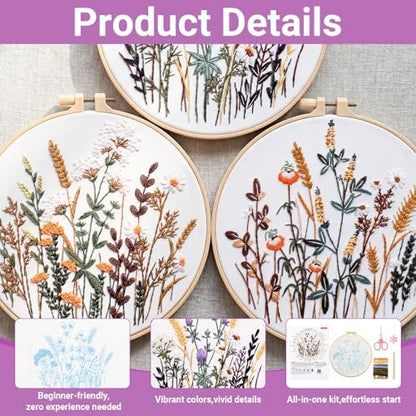 Hokoad 6 Pack Embroidery Kit for Beginners Flower Cross Stitch Kits for Adults Complete Embroidery Starter Kit with Hoop Floral Stamped Pattern Needles Threads Instructions, Gift for Hand Craft Lover - Image 3