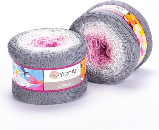 2 Skein/Pack Yarnart Flowers Gradient Yarn, Each Ball 8.8 Oz (250gr) / 1094 Yards (1000m), 55% Cotton 45% Acrylic, Superfine Fingering Weight for Knitting and Crochet, 293 - Pink Gray
