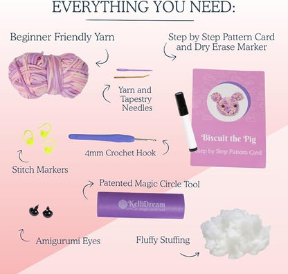 KelliDream Magic Circle Tool Inclusive Learn to Crochet Kit for Beginners; Step-by-Step Video Tutorials; All Supplies to Make Cute Amigurumi (Pig)