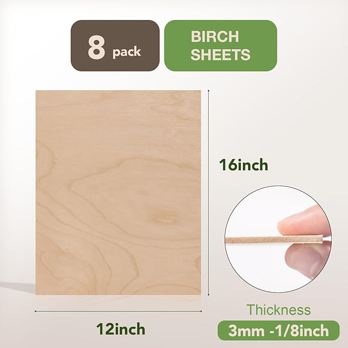 ROBOTIME 8-Pack 3mm Birch Plywood for Laser Cutting - 12 x 16 x 1/8 Inch - Laser Engraving Blanks