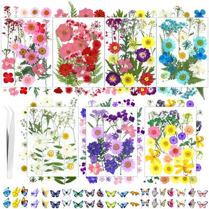 190 Pcs Dried Pressed Flowers for Resin, Real Dried Pressed Flowers for Resin Butterfly Stickers DIY Art with Tweezers Crafts Decorate for Candles Jewelry Nail Crafts by Pmbqifay
