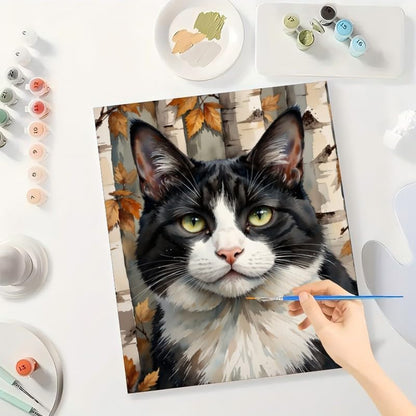 Tuxedo Cat Paint by Numbers Kit for Adults - DIY Black and White Cat in Autumn Forest Painting on Canvas 12x16In, Framed Acrylic Paint Set, Suitable for Beginners, Art for Home Decoration or Gifts - Image 3