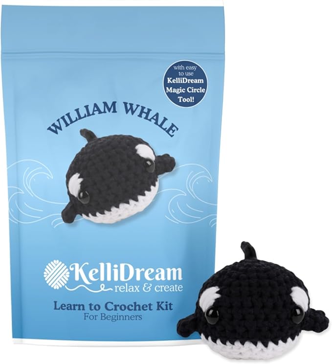 KelliDream Magic Circle Tool Inclusive Learn to Crochet Kit for Beginners; Step-by-Step Video Tutorials; All Supplies to Make Cute Amigurumi (Whale)