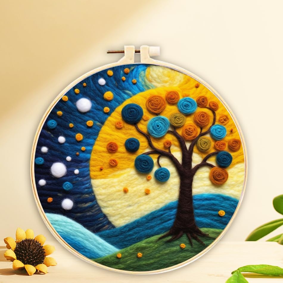 YEESAM ART Needle Felting Picture Kits Dreamy Tree Scenery for Beginners Adults, DIY Wool Felt Painting Starter Kit with Frame and Tools for Home Decor by YEESAM+ART
